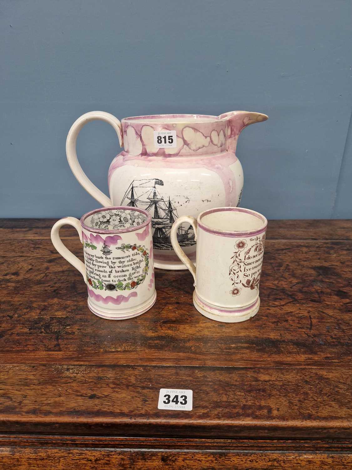 Lot 815 - Sunderland pink lustre: a frog mug printed...