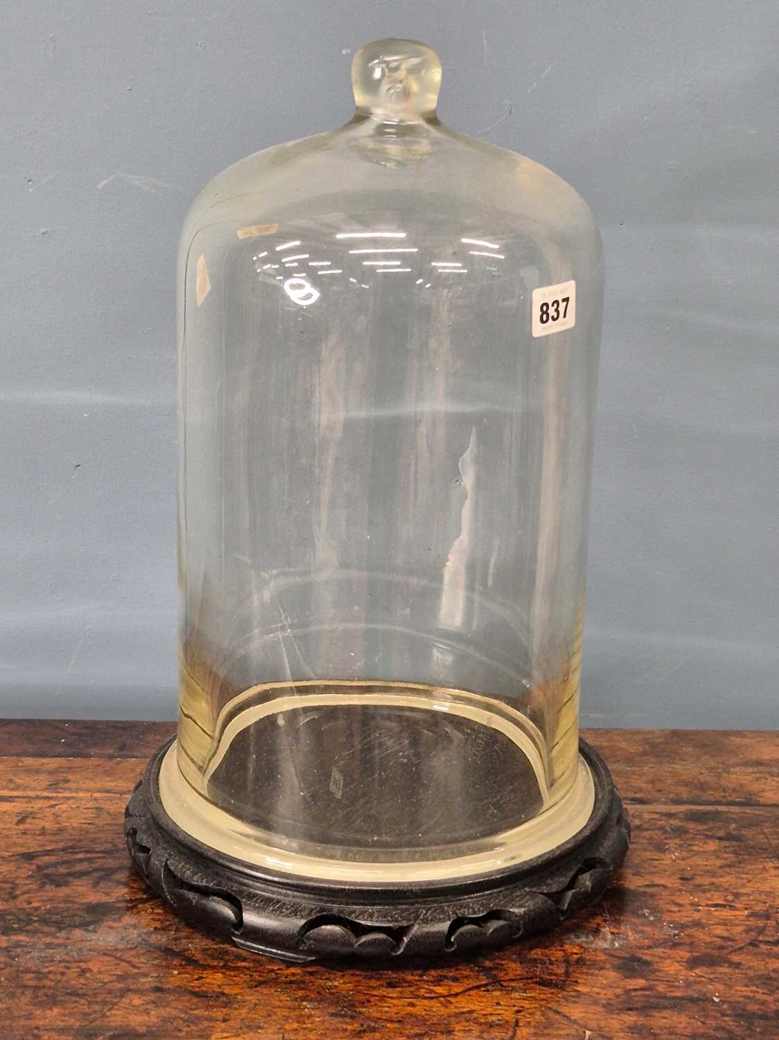 Lot 837 - A glass dome on a wood stand, the cylindrical...