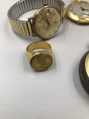 Lot 111 - A 935 Swiss silver pocket watch, a rolled gold...