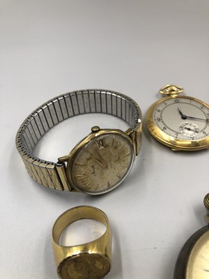 Lot 111 - A 935 Swiss silver pocket watch, a rolled gold...