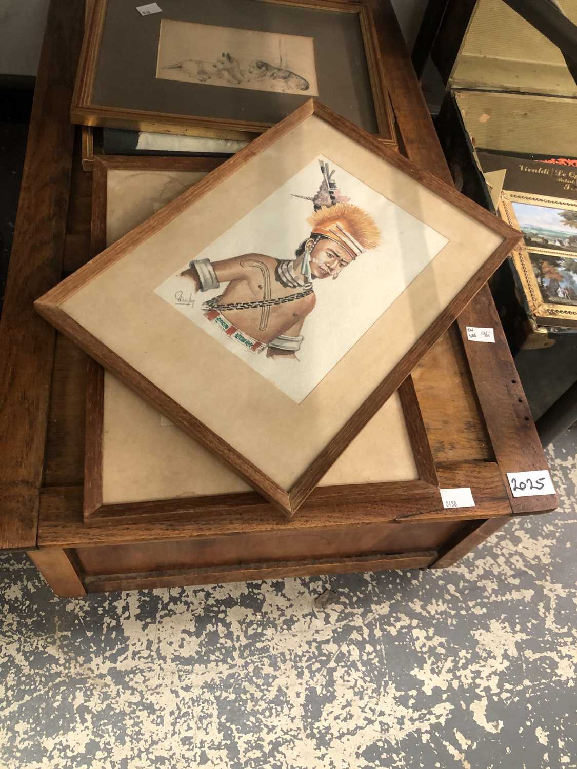 Lot 2025 - A panelled wooden box together with prints and...
