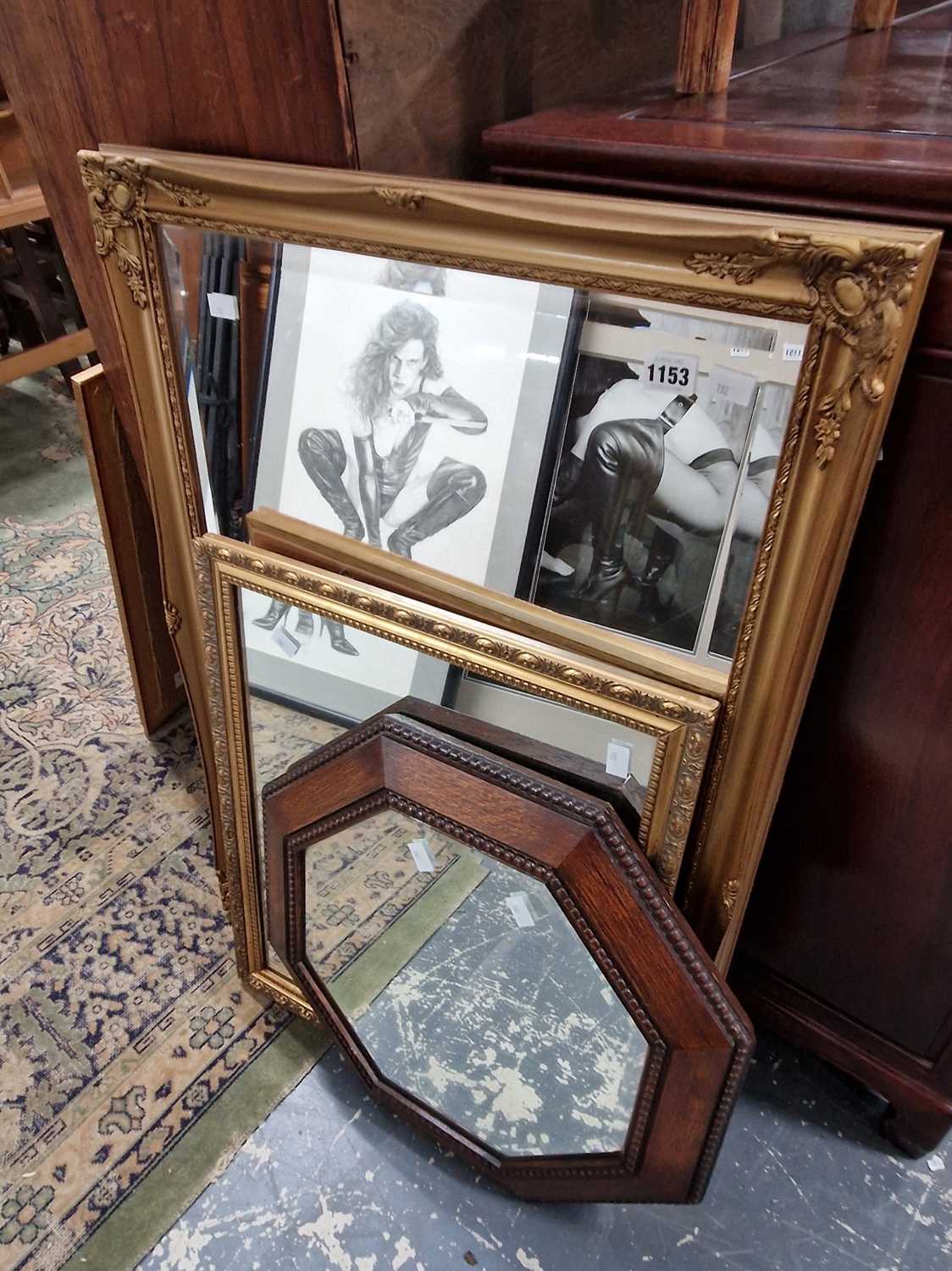 Lot 1153 - An antique oak framed octagonal mirror and two...