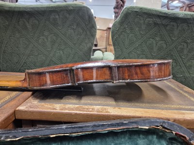 Lot 1303 - An antique violin in pine case. LOB 37 cm