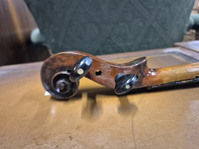 Lot 1303 - An antique violin in pine case. LOB 37 cm