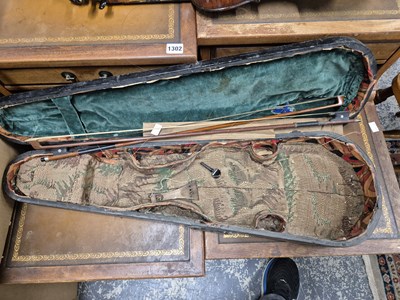 Lot 1303 - An antique violin in pine case. LOB 37 cm