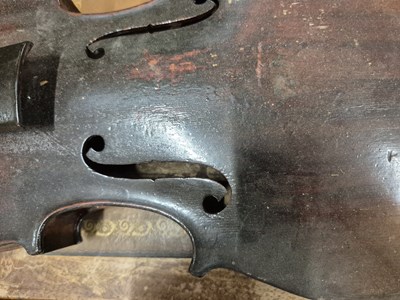 Lot 1303 - An antique violin in pine case. LOB 37 cm