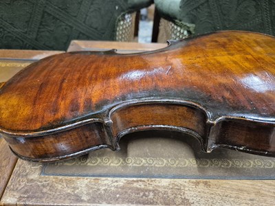 Lot 1303 - An antique violin in pine case. LOB 37 cm