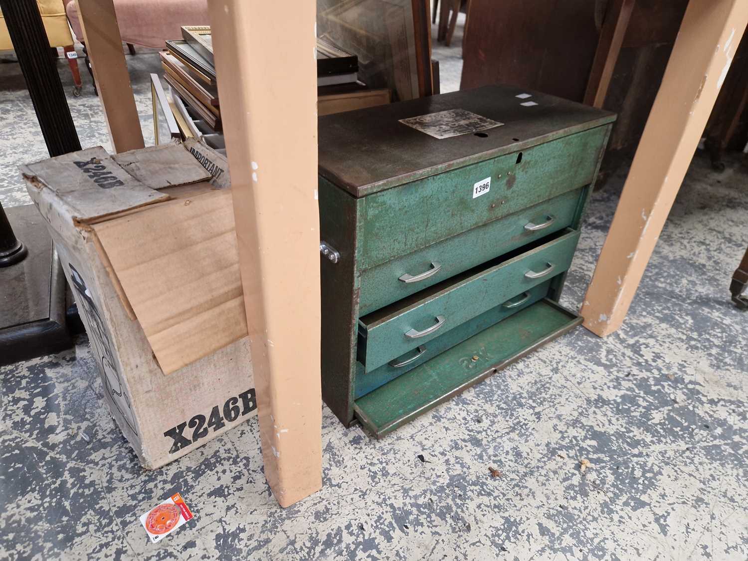 Lot 1396 - Vintage metal tool chest and a boxed tilly lamp.