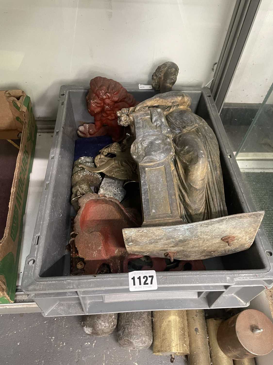 Lot 1127 - A spelter figure, other metalwork, two lion...