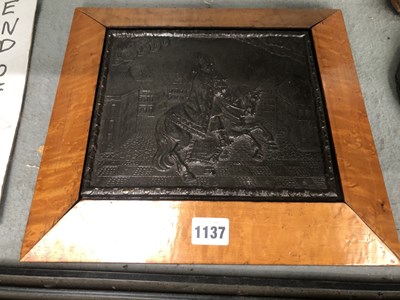 Lot 1137 - A burr wood framed electrotyped bronze plaque...