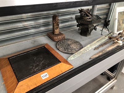 Lot 1137 - A burr wood framed electrotyped bronze plaque...