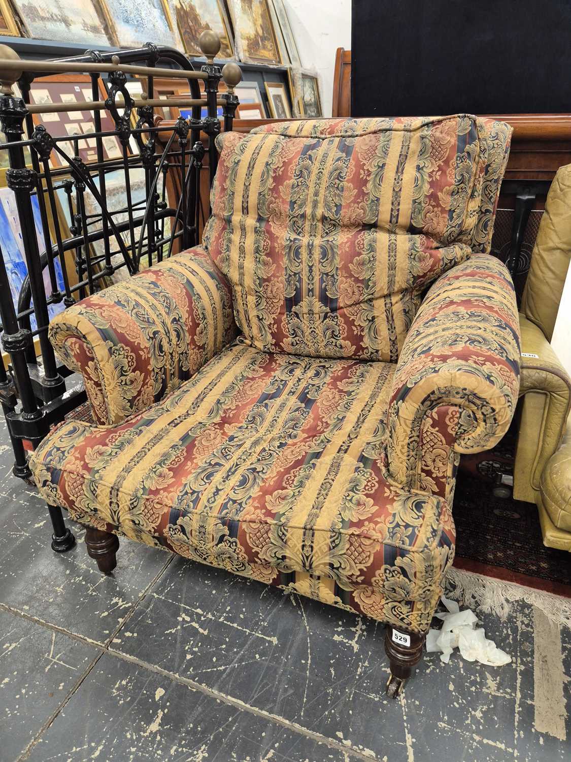 Lot 529 - An antique style armchairs in striped damask...