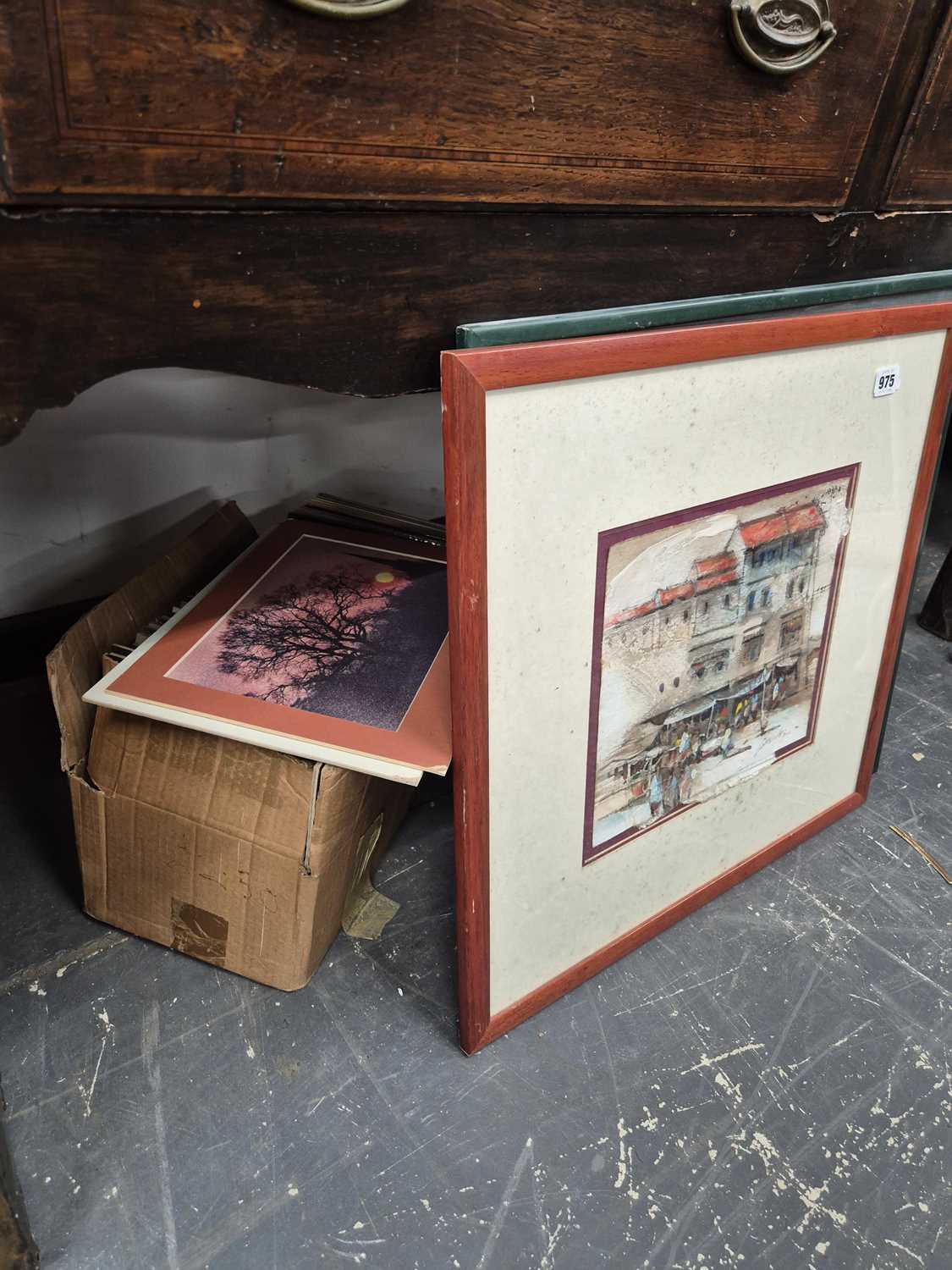 Lot 975 - A box of prints and two mixed media pictures.