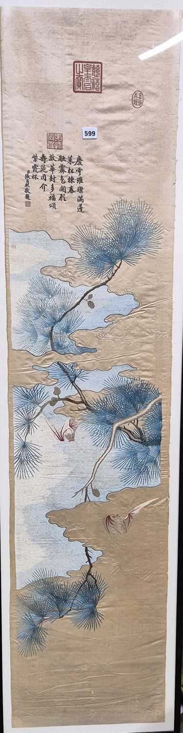 Lot 599 - A Chinese framed silk panel sewn with two bats...