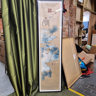 Lot 599 - A Chinese framed silk panel sewn with two bats...