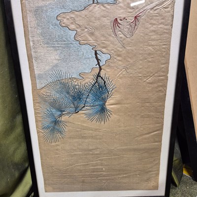 Lot 599 - A Chinese framed silk panel sewn with two bats...
