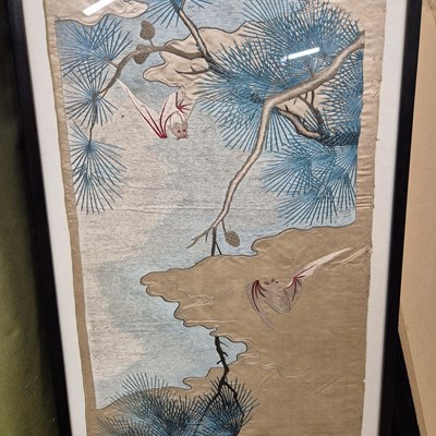 Lot 599 - A Chinese framed silk panel sewn with two bats...