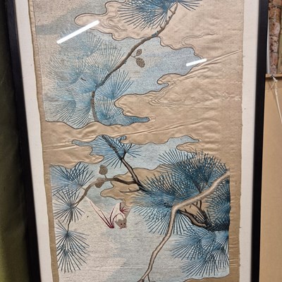 Lot 599 - A Chinese framed silk panel sewn with two bats...