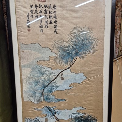 Lot 599 - A Chinese framed silk panel sewn with two bats...