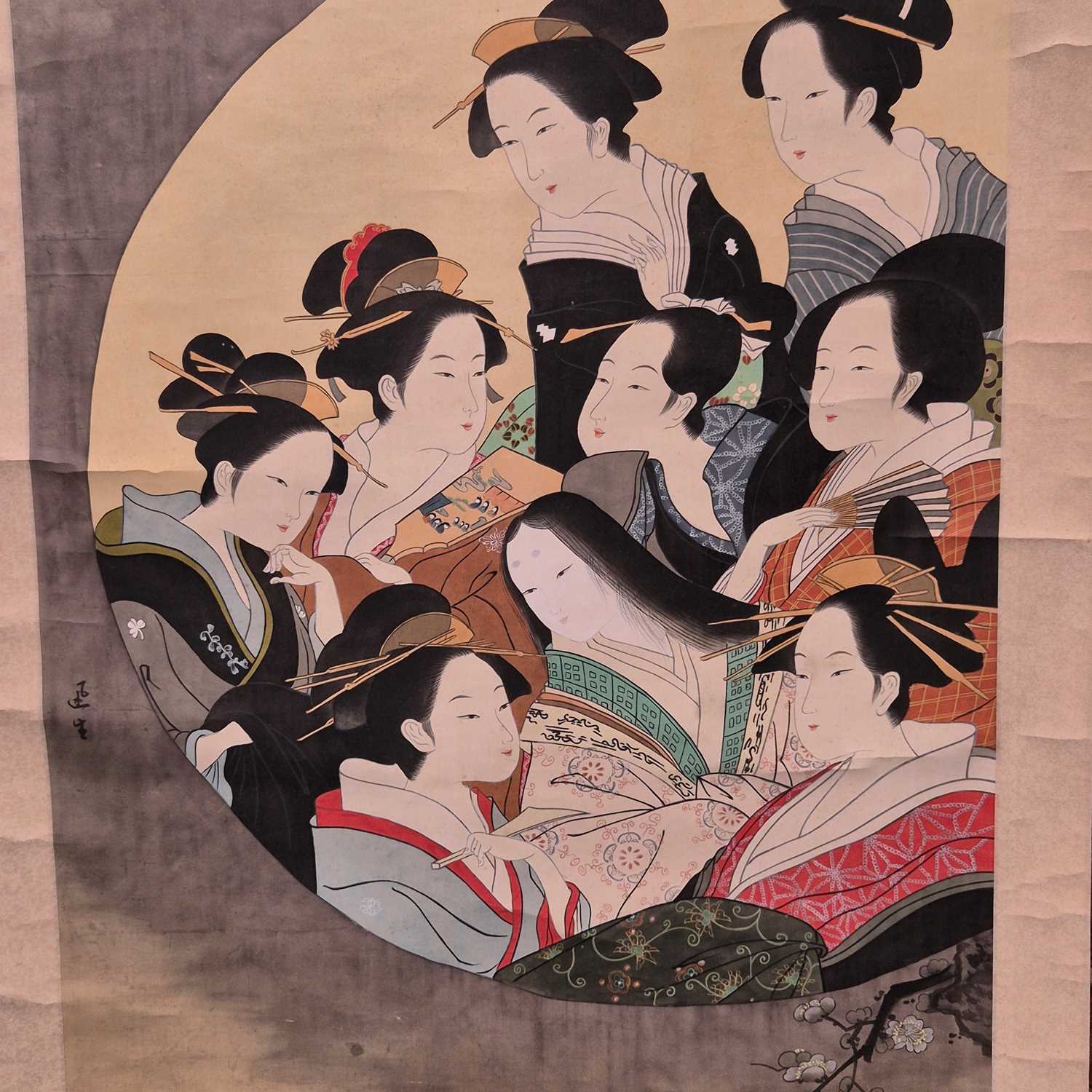 Lot 591 - A large hand-painted Japanese oriental scroll...