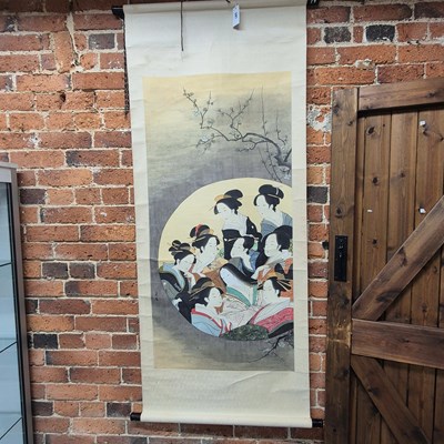 Lot 591 - A large hand-painted Japanese oriental scroll...