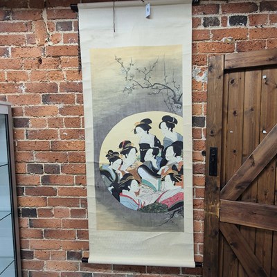 Lot 591 - A large hand-painted Japanese oriental scroll...
