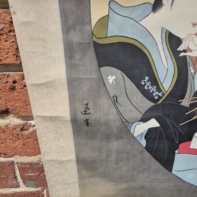 Lot 591 - A large hand-painted Japanese oriental scroll...