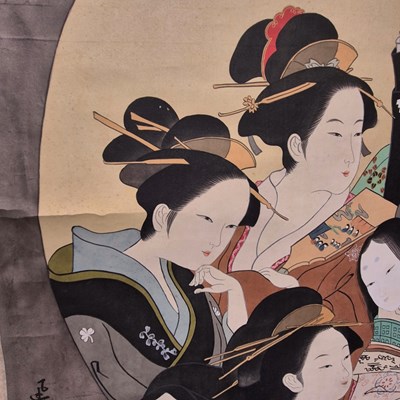 Lot 591 - A large hand-painted Japanese oriental scroll...
