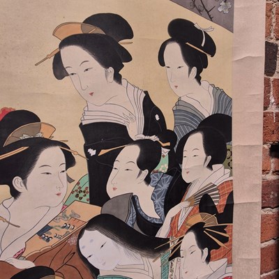 Lot 591 - A large hand-painted Japanese oriental scroll...