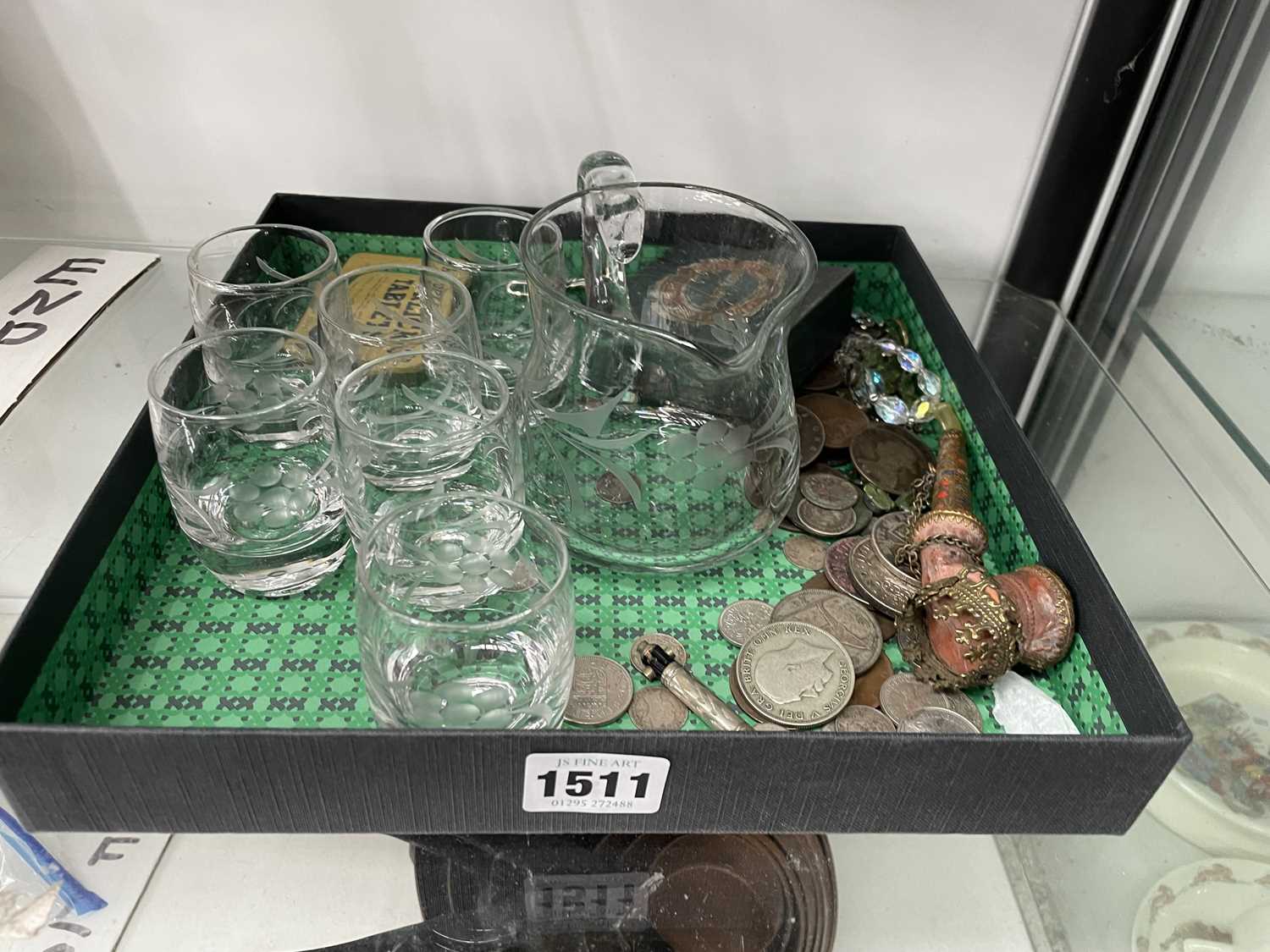 Lot 1511 - Cut glass shot glasses, coins, a pipe, a...