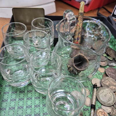 Lot 1511 - Cut glass shot glasses, coins, a pipe, a...