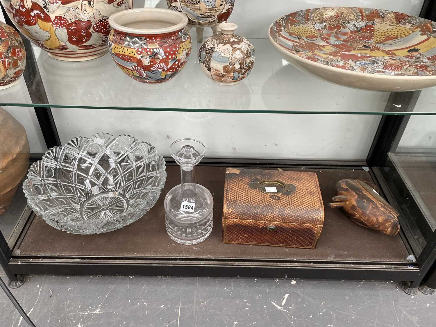 Lot 1584 - A glass punch bowl, a decanter, a leather...