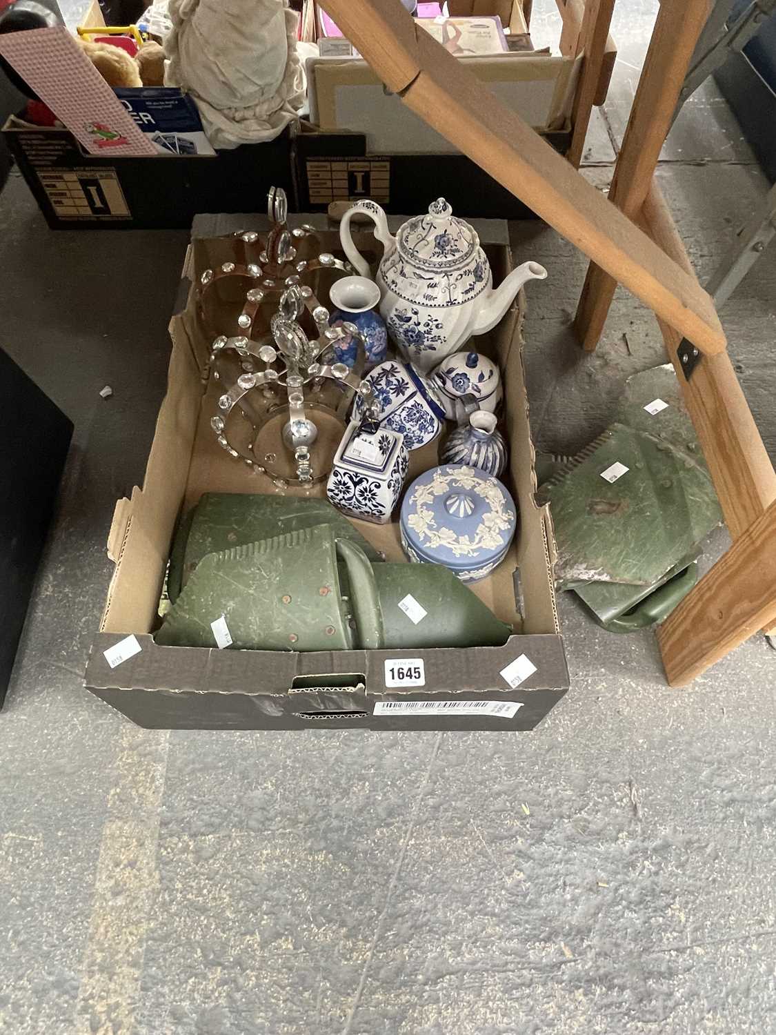 Lot 1645 - Military folding shovels, blue and white wares...