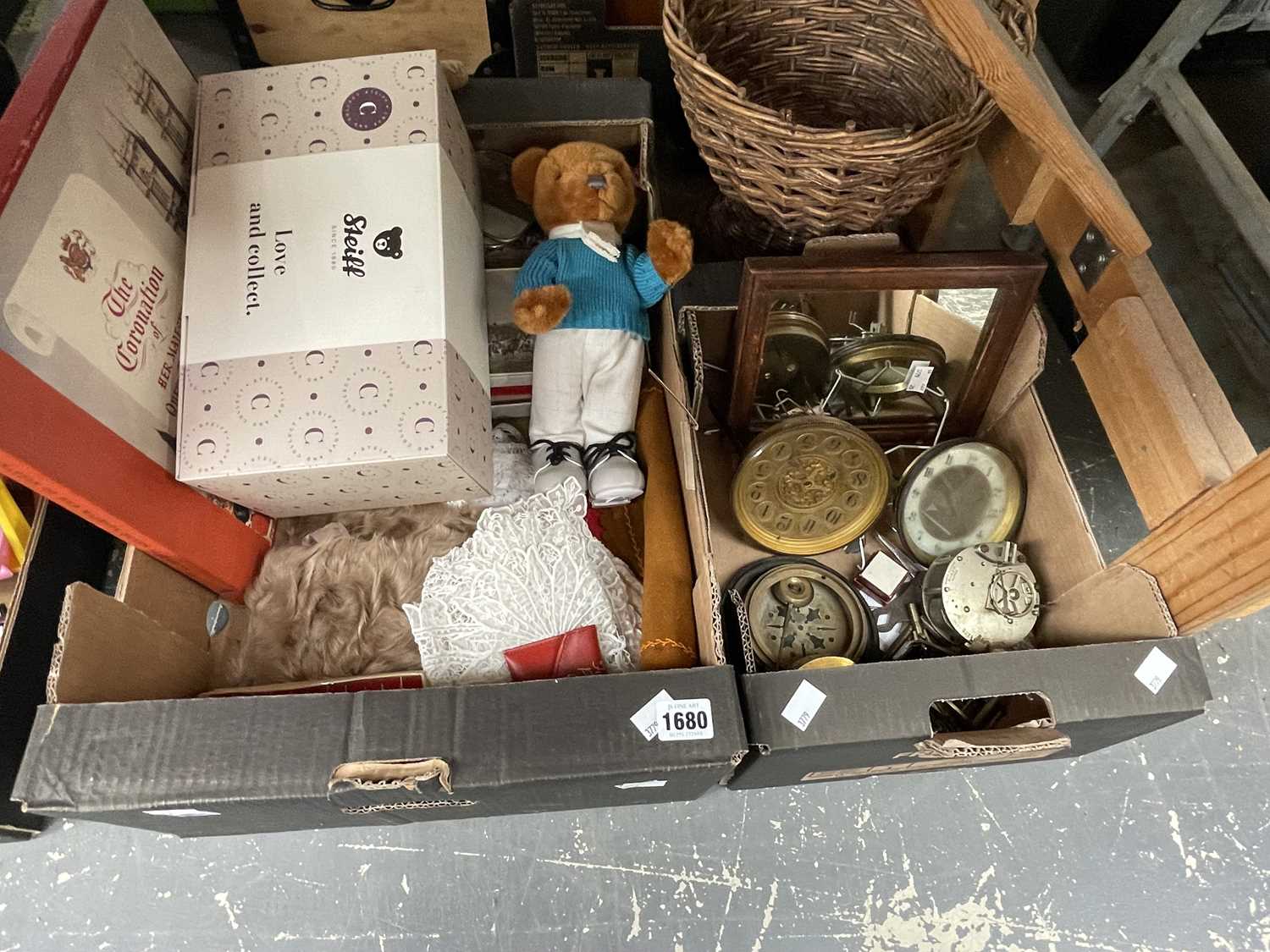 Lot 1680 - Clock movements, a boxed Steiff bear, table...