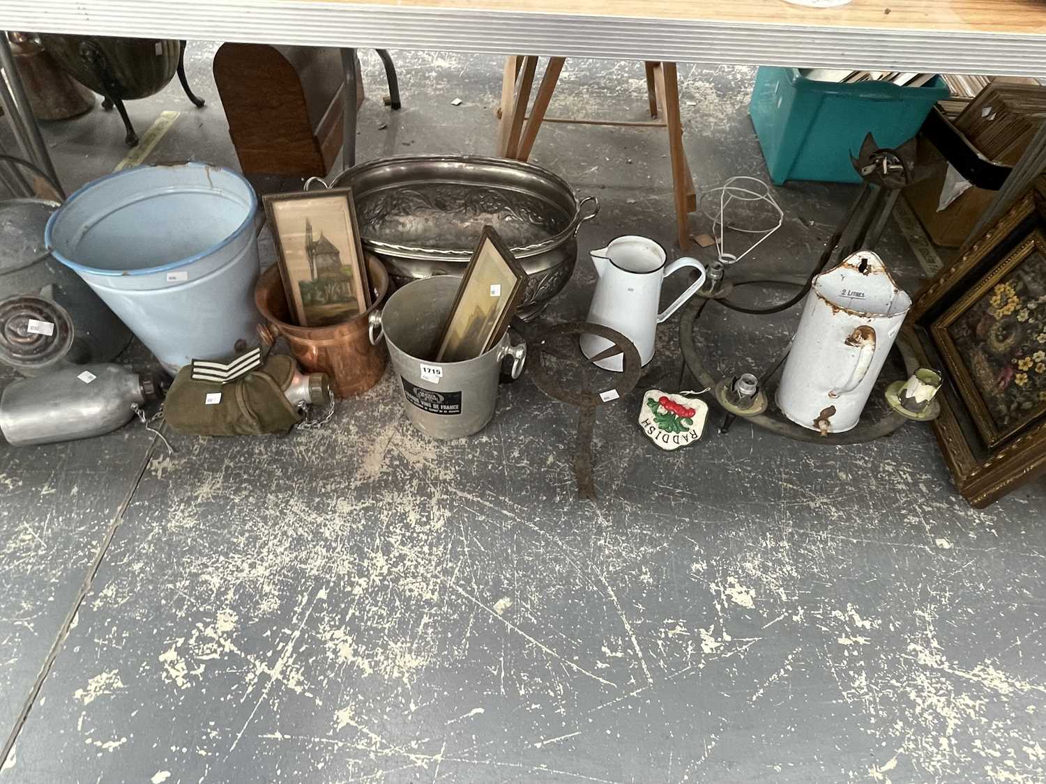 Lot 1715 - Enamel jugs and buckets, a sargent's hip flask,...