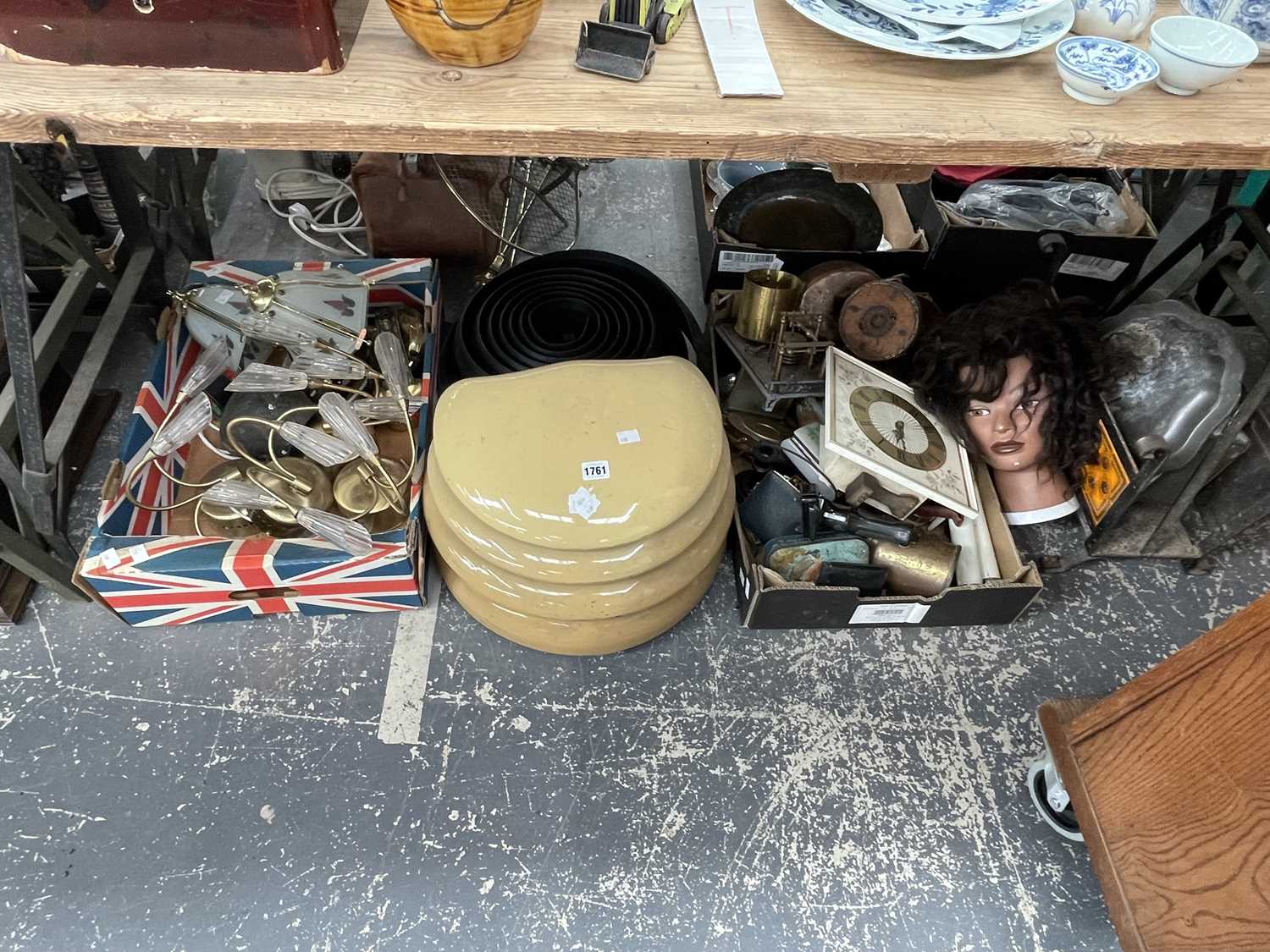 Lot 1761 - Wall lights, an electric fire, clocks, an iron...