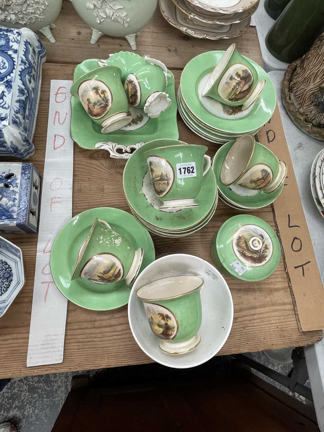 Lot 1762 - A Derby green bordered tea set painted with...