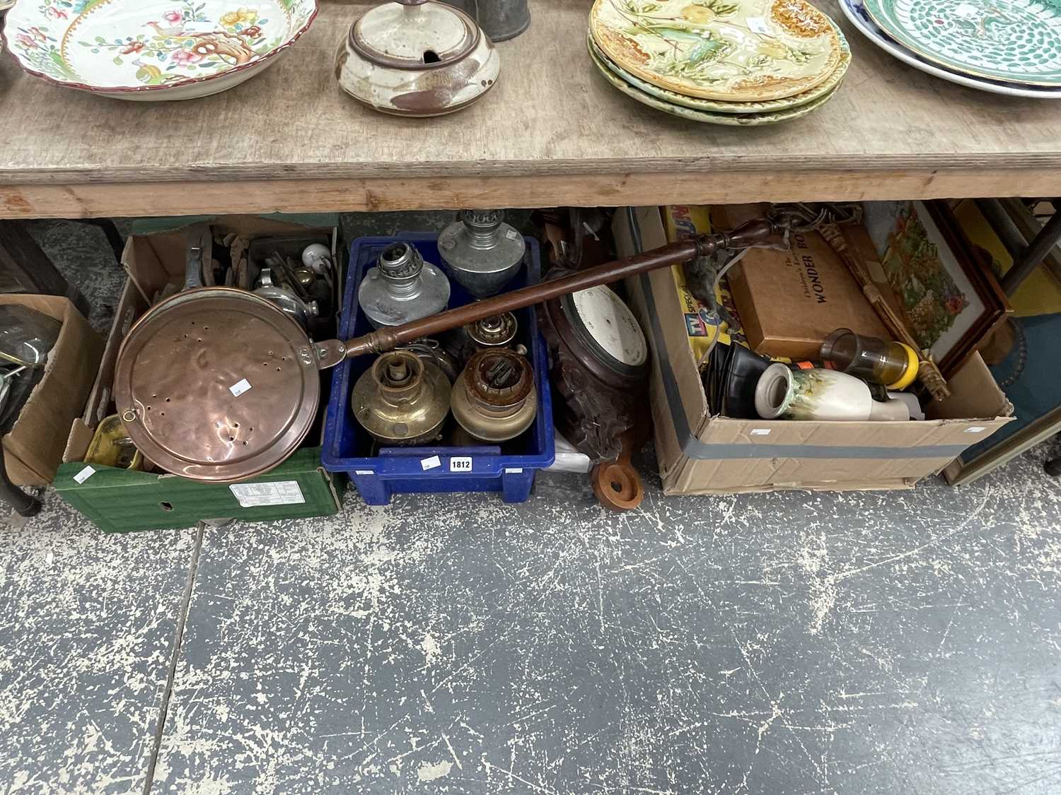 Lot 1812 - Wood planes, a copper warming pan, oil lamps,...