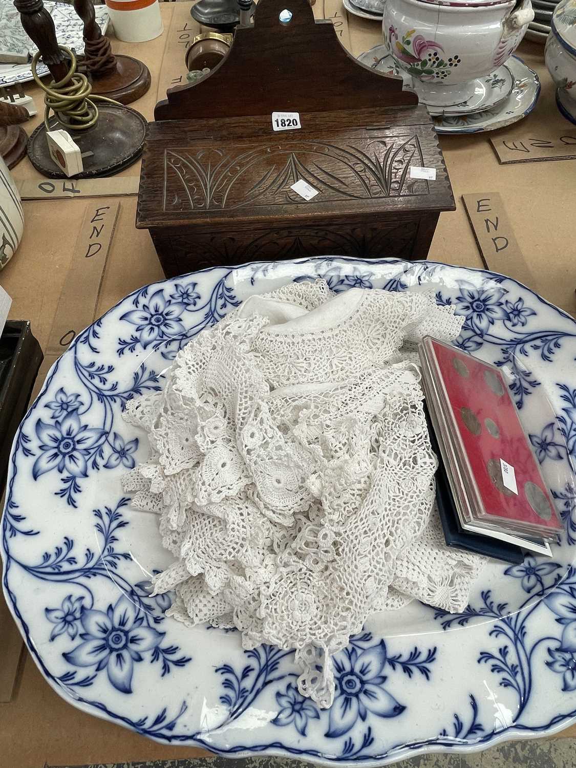 Lot 1820 - An oak candle box, a blue and white platter,...