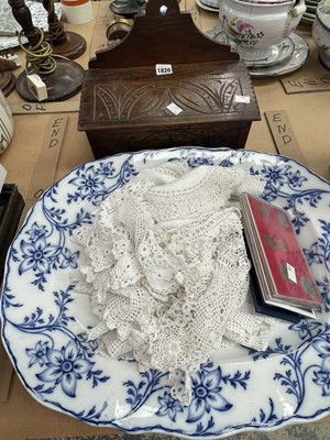 Lot 1820 - An oak candle box, a blue and white platter,...