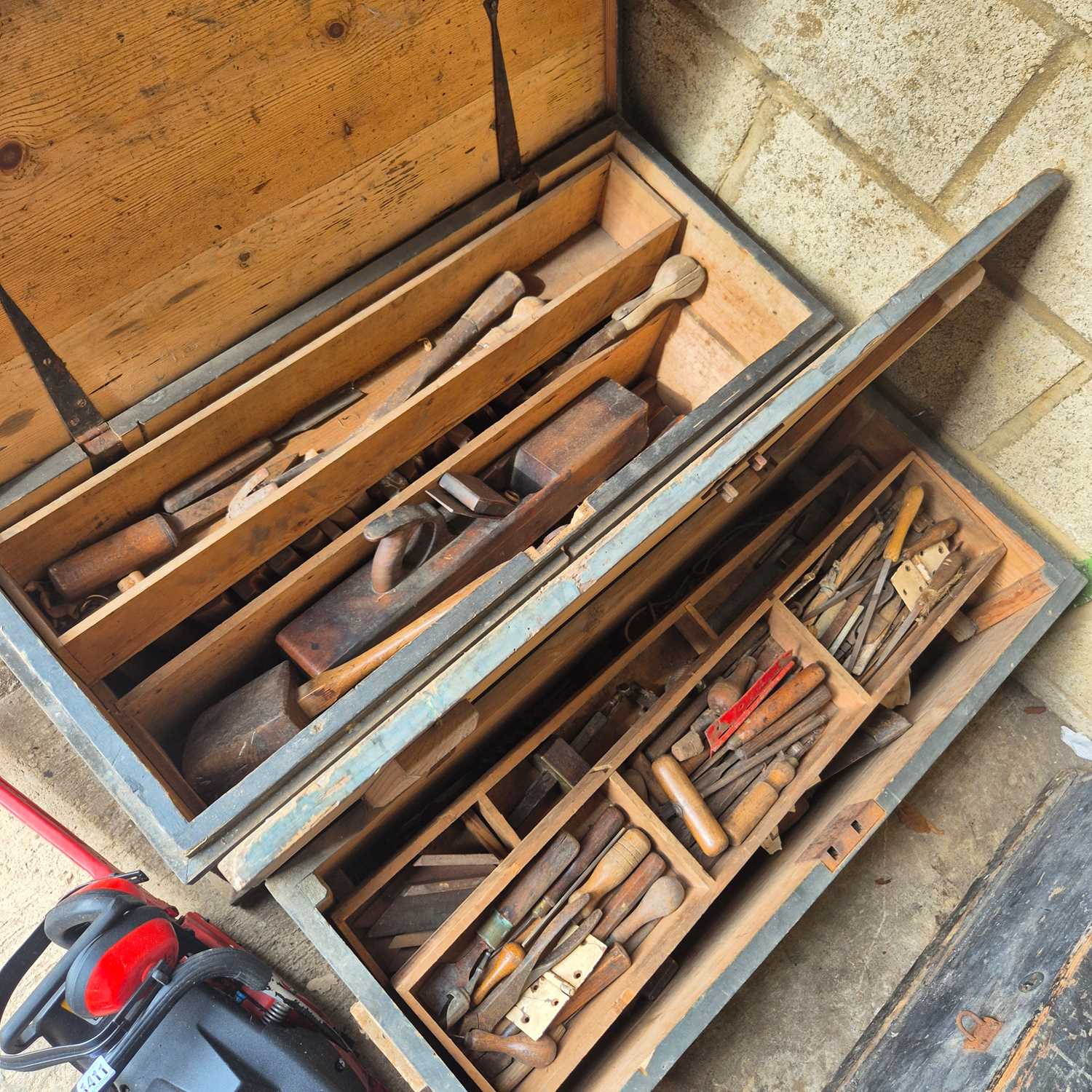 Lot 1410 - Two large antique tool chests with a good...