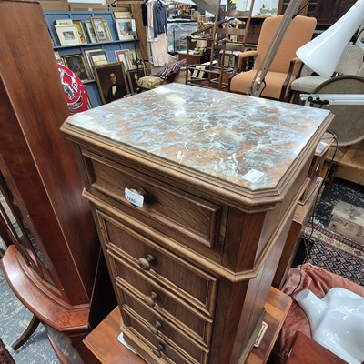 Lot 2240 - A French walnut marble topped bedside cabinet...