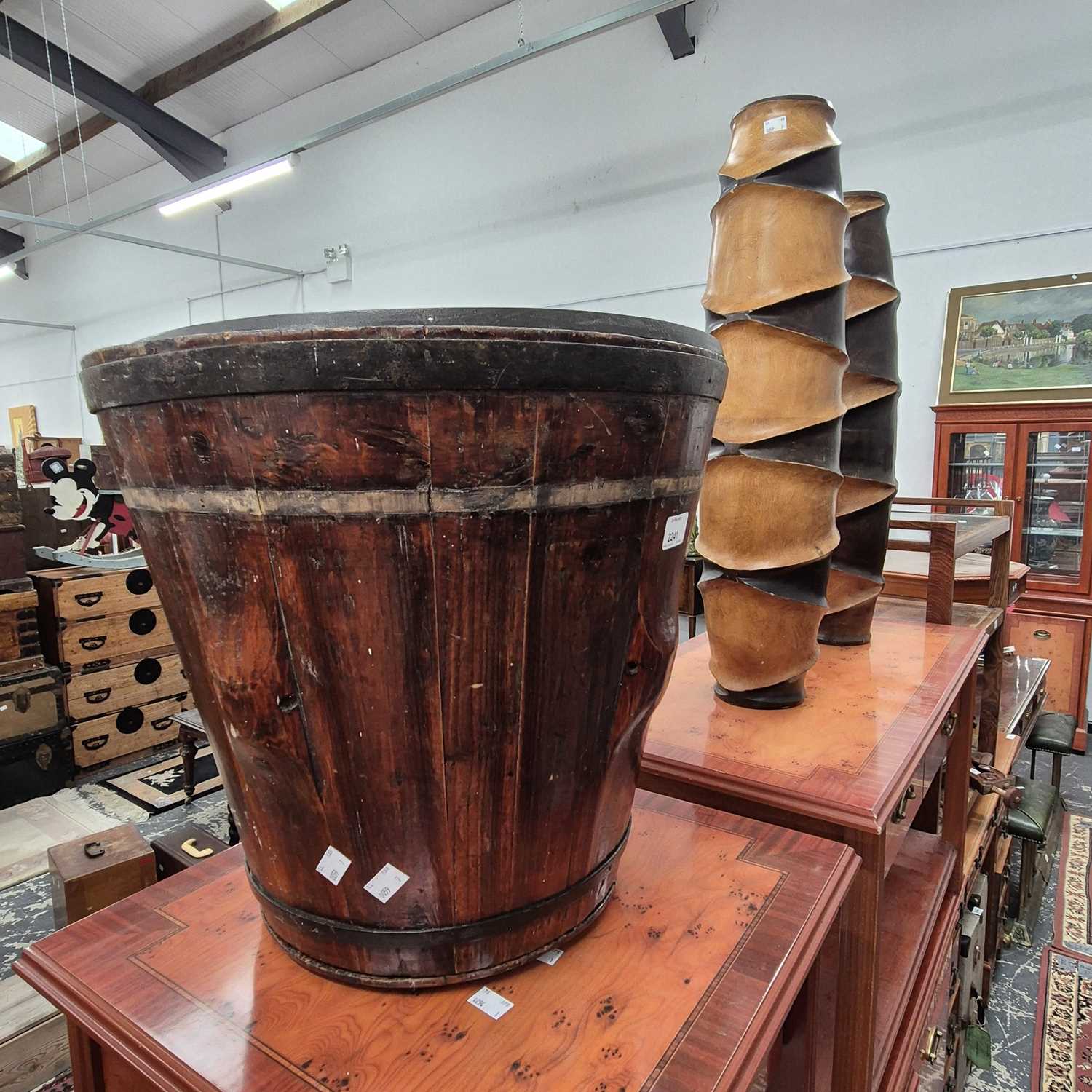 Lot 2241 - An iron-bound coopered bucket and two large...