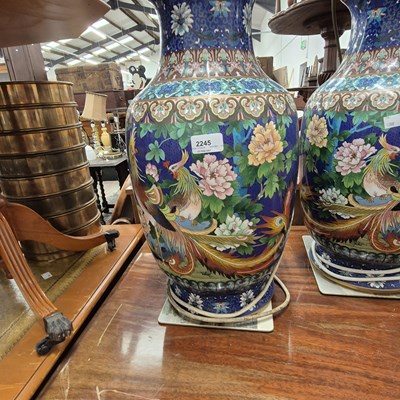 Lot 2245 - A pair of large decorative cloisonne table...