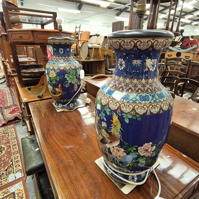 Lot 2245 - A pair of large decorative cloisonne table...
