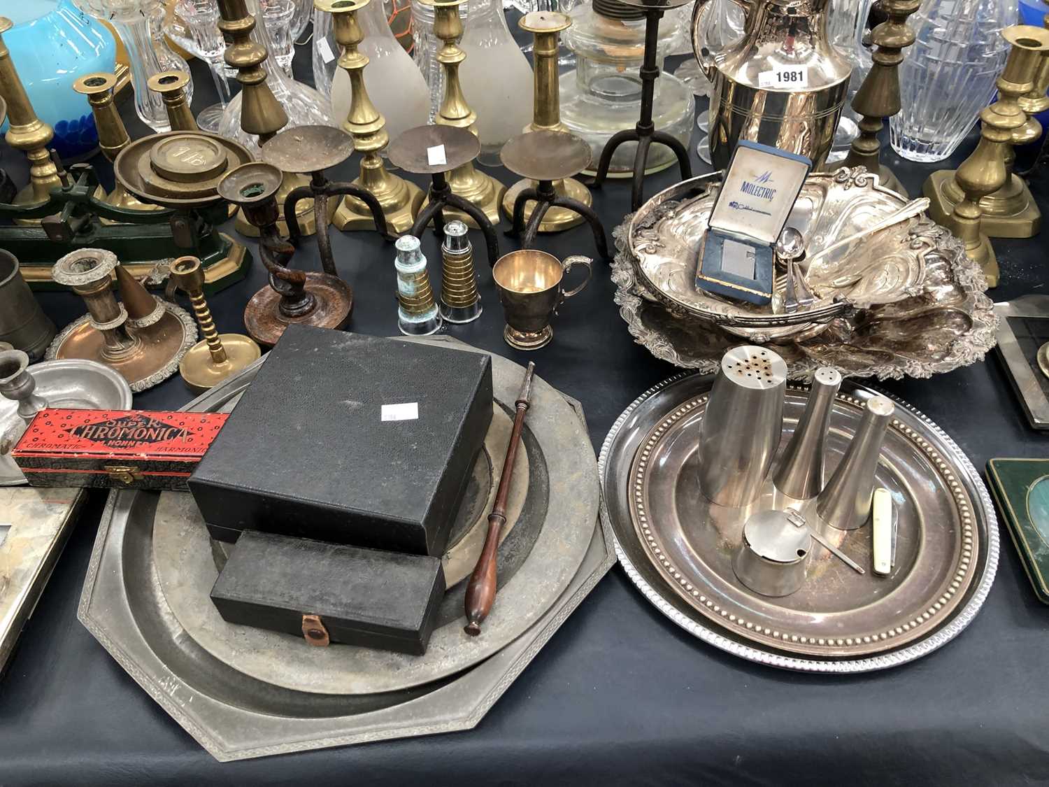 Lot 1981 - Brass candlesticks, three sets of scales,...