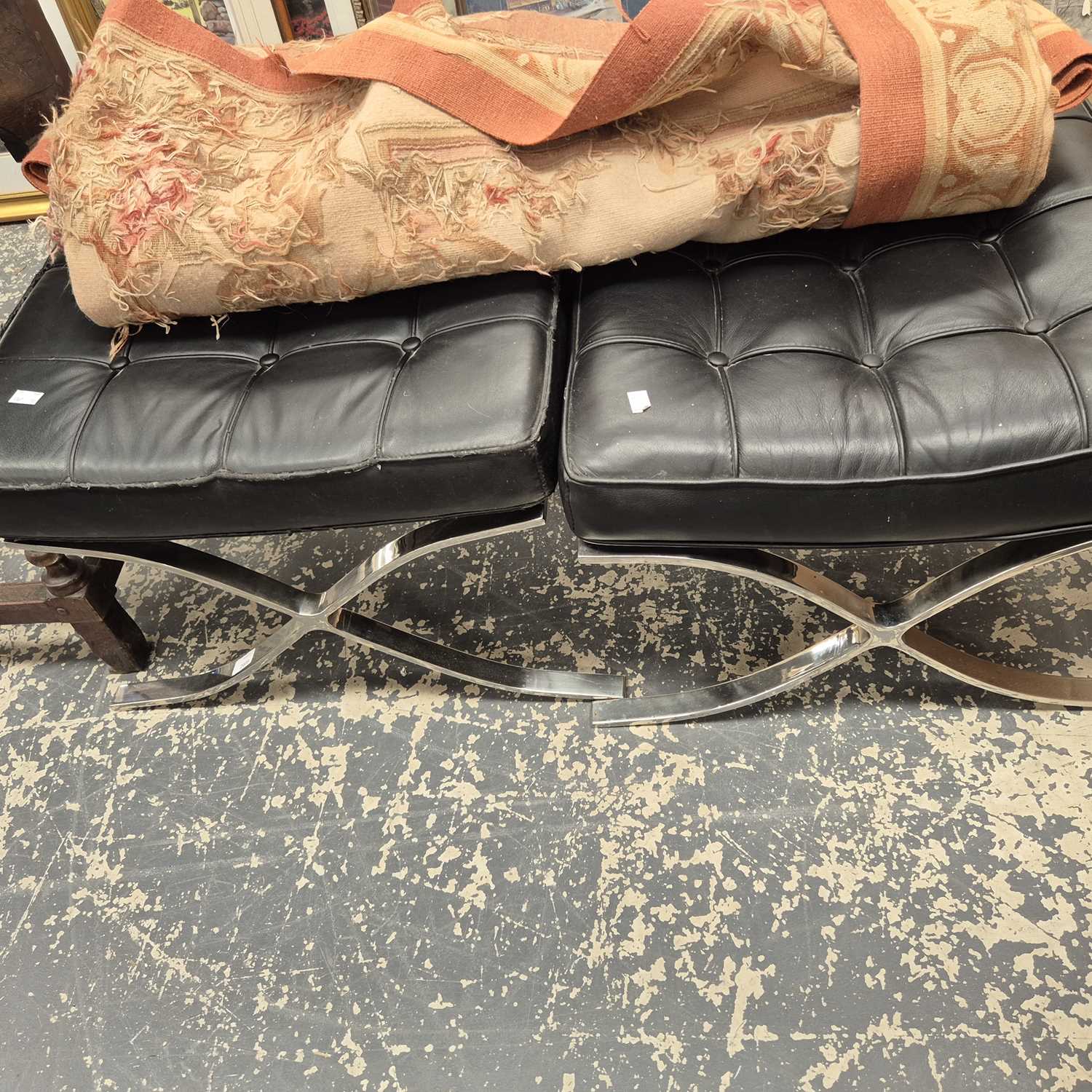 Lot 2408 - A pair of Barcelona-style chrome-framed stools.