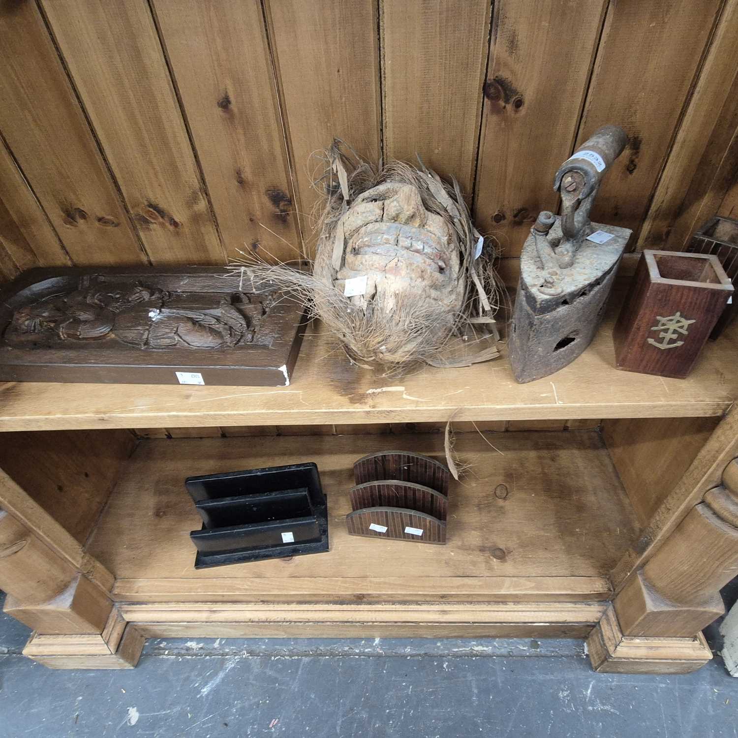 Lot 2532 - An antique iron, a carved coconut and various...