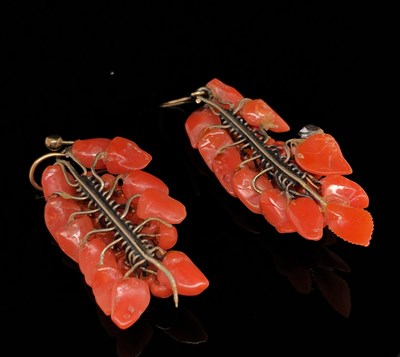 Lot 5 - An antique coral brooch and earring suite in...