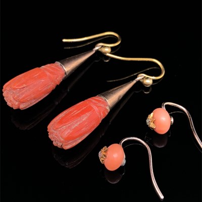 Lot 36 - Two pairs of antique coral earrings. A carved...